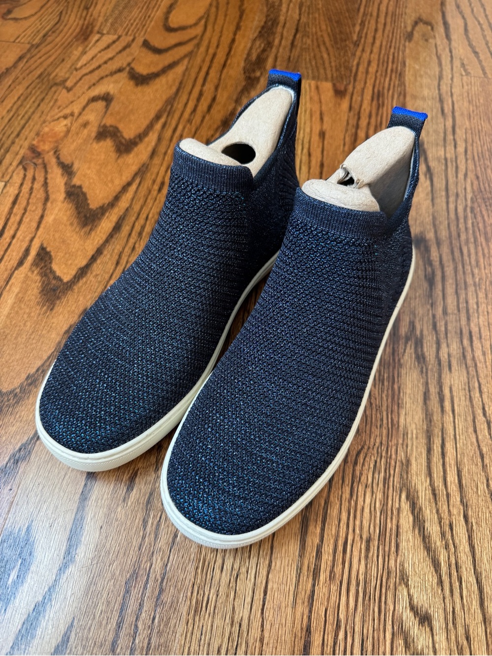 Rothy's Limited Edition Navy Metallic Knit Chelsea Ankle Booties